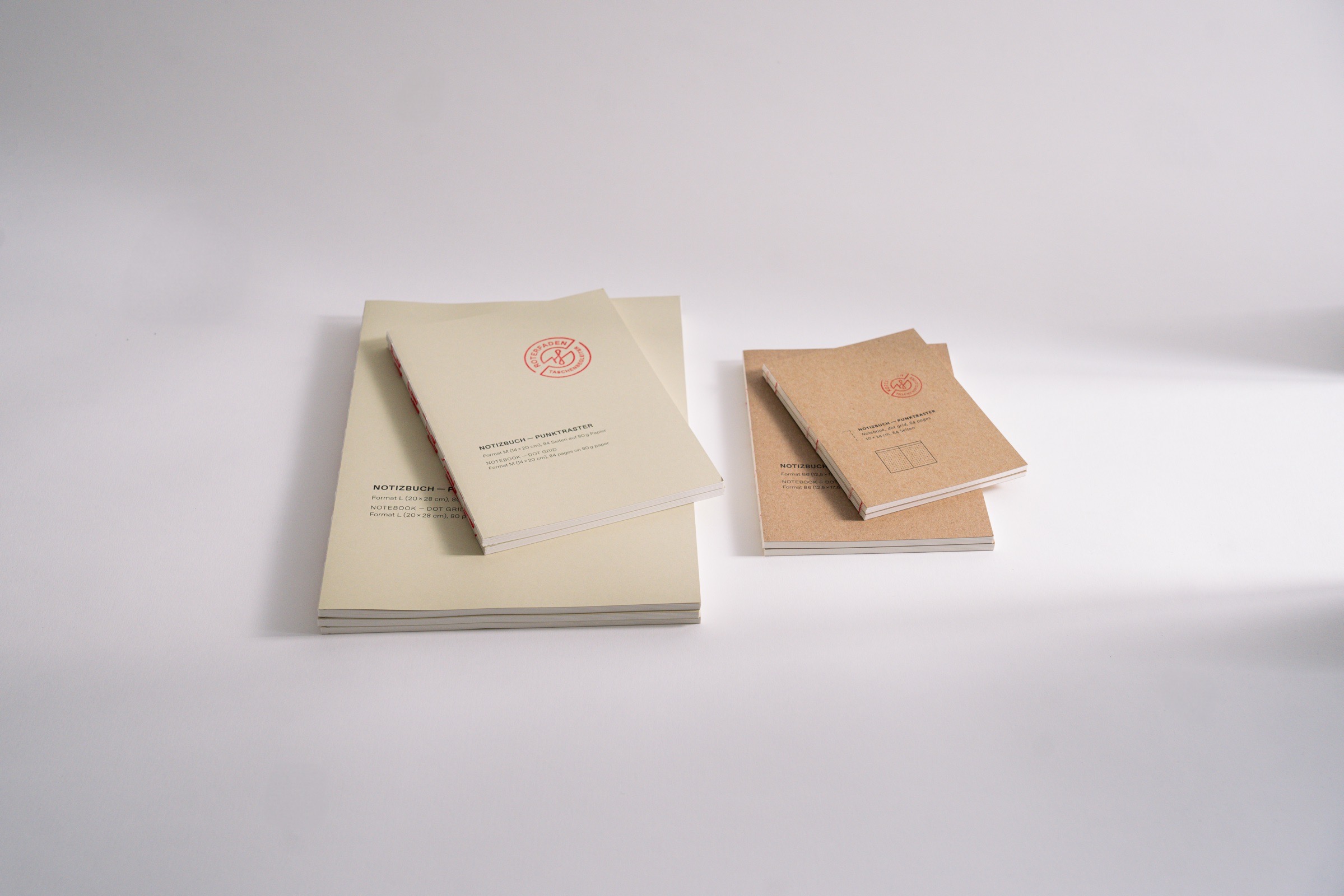Roterfaden notebook with sturdy recycled cardboard cover, available in various sizes in dot grid or blank. Natural white paper.
